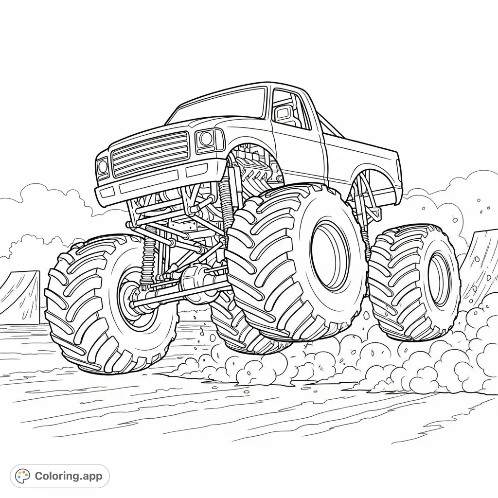 Experience the thrill of a monster truck landing a massive jump. Its powerful suspension is compressed, and dust explodes around its giant tires on a dirt track.