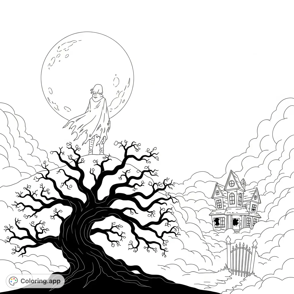 Explore a haunting gothic scene featuring a cloaked figure, gnarled tree, and a dilapidated mansion under a full moon. A mysterious and atmospheric coloring page.