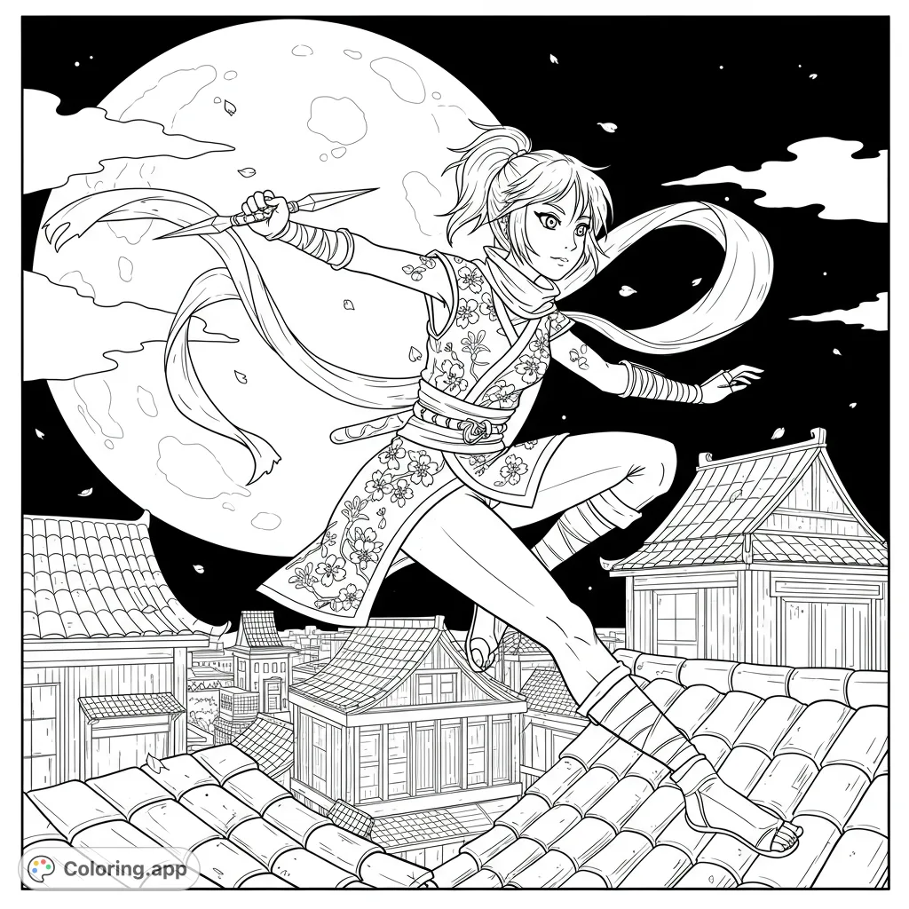 Dynamic ninja leaps across moonlit Japanese rooftops. Intricate details on her kimono and the traditional architecture offer a thrilling coloring adventure.