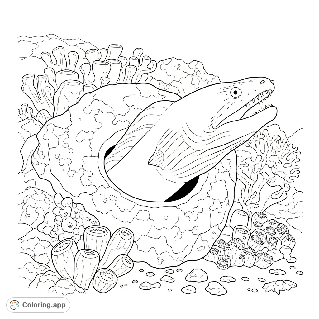 A detailed coloring page featuring a graceful moray eel emerging from a textured coral hole, surrounded by intricate reef structures. Perfect for nature lovers.