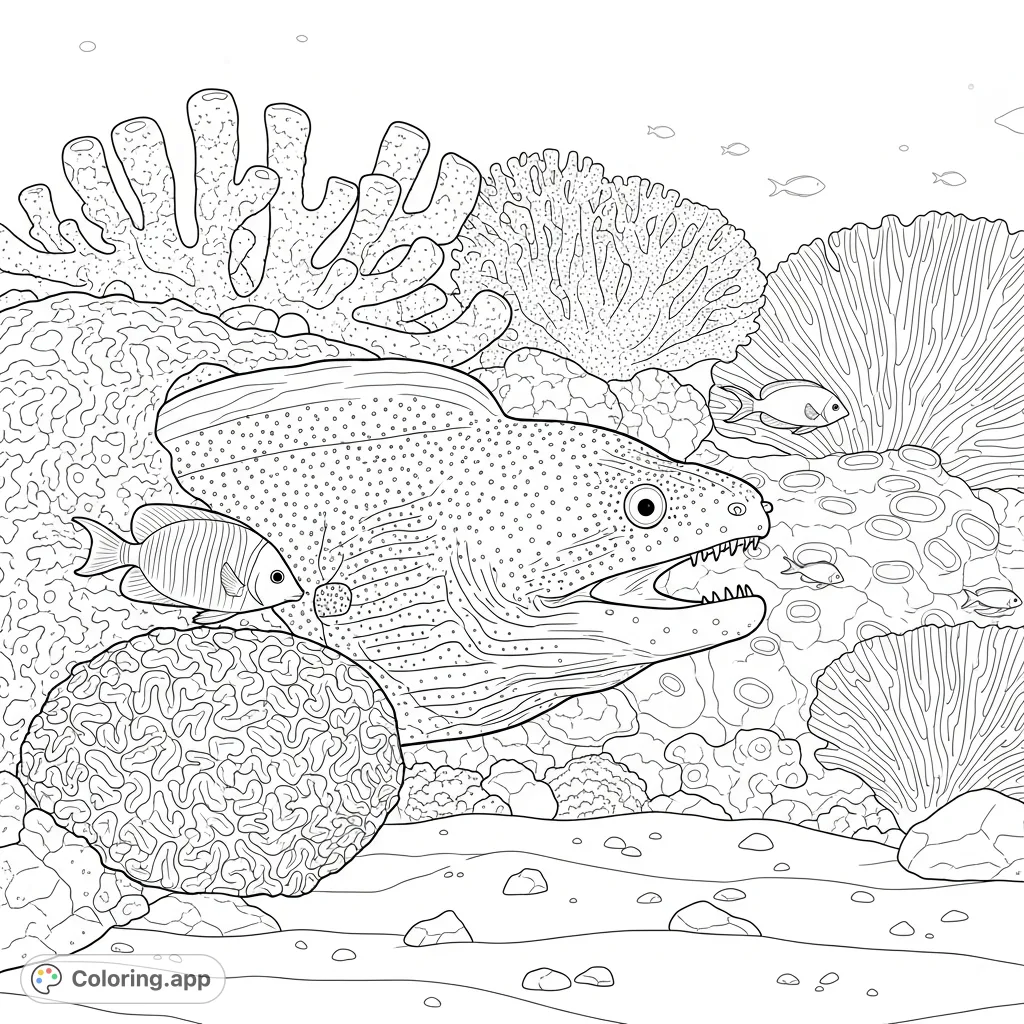 Dive into an underwater adventure! This coloring page features a mysterious moray eel peeking from a vibrant coral reef, surrounded by intricate marine life.