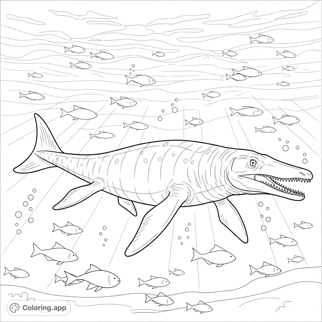 Explore the ancient ocean with a powerful mosasaurus swimming amidst a school of fish. A dynamic scene perfect for sea creature enthusiasts.