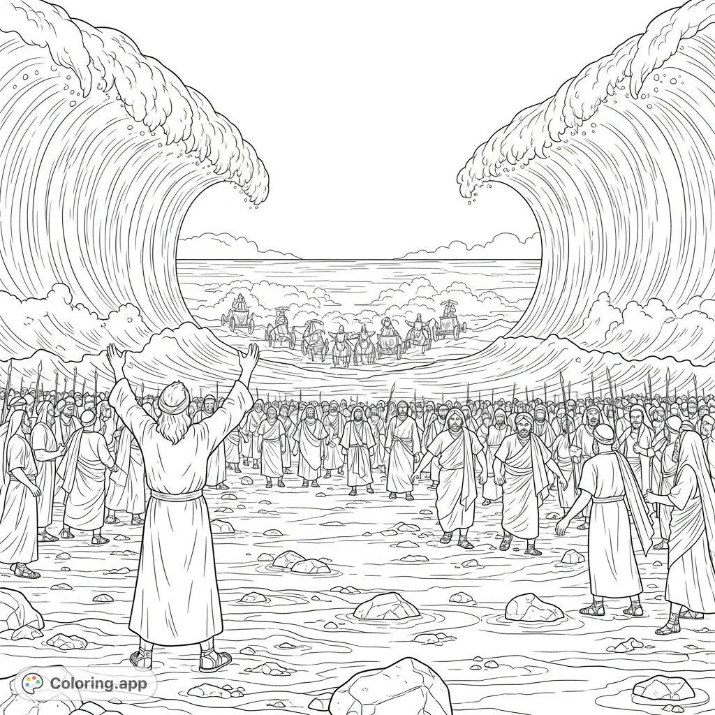 Experience the epic biblical tale of Moses parting towering waters, as a multitude rushes across the dry seabed, with chariots barely visible in the distance.