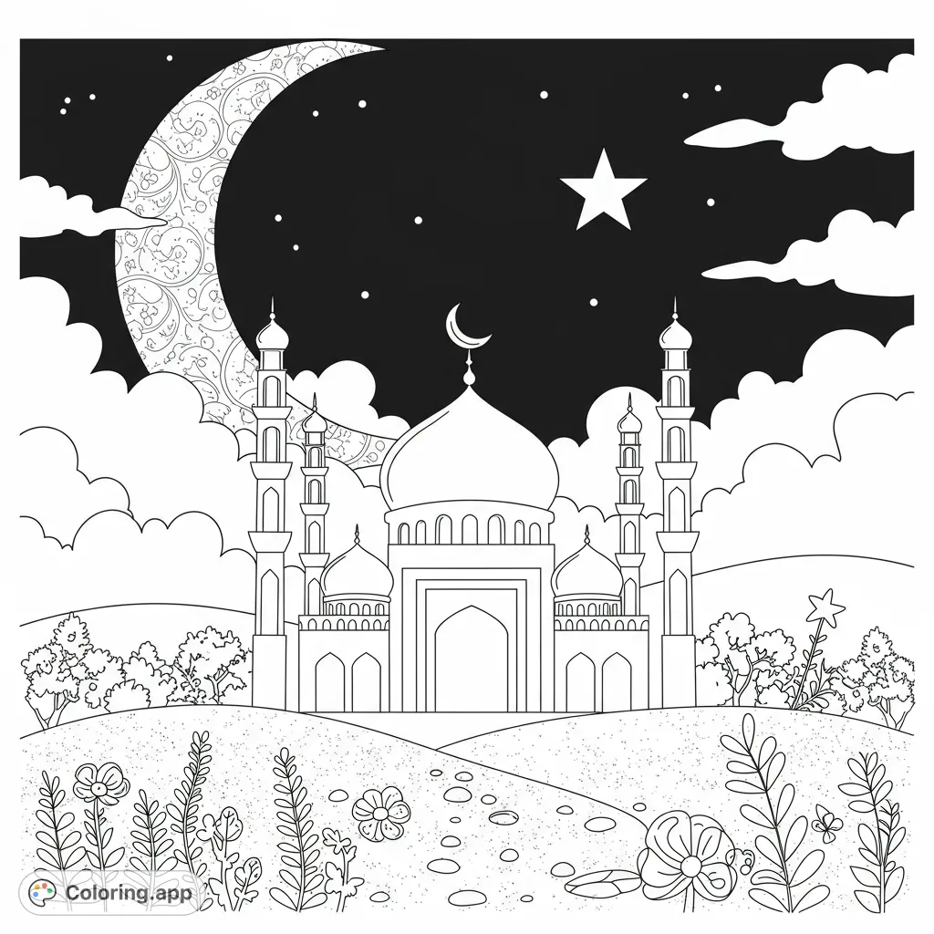 A serene mosque stands under a patterned crescent moon and starry night sky, surrounded by rolling hills and detailed flora. Perfect for peaceful coloring.