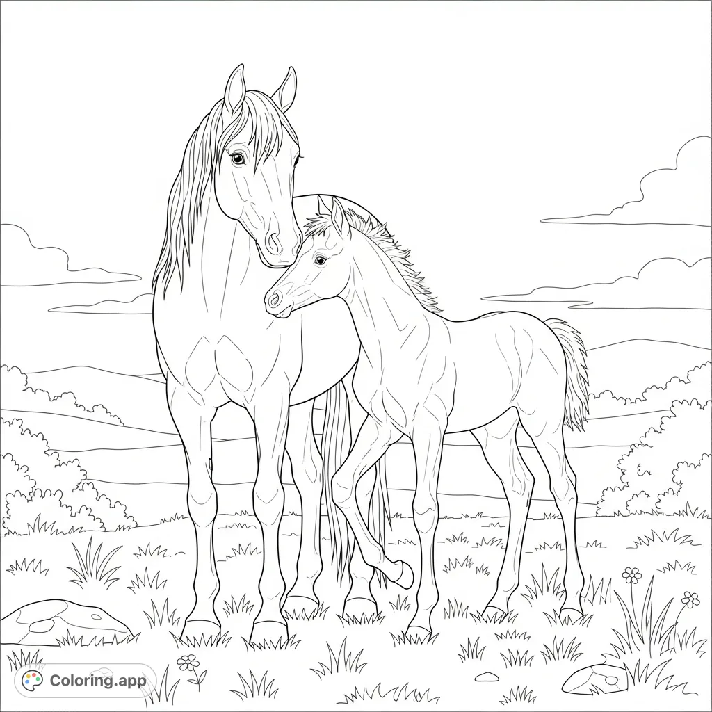 A heartwarming scene featuring a gentle mare standing with her young foal in a serene meadow, perfect for a relaxing coloring experience.