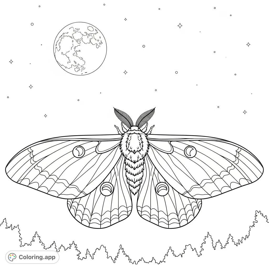 A majestic moth with intricate wing patterns ascends towards a luminous full moon in a vast night sky, with distant tree silhouettes below.