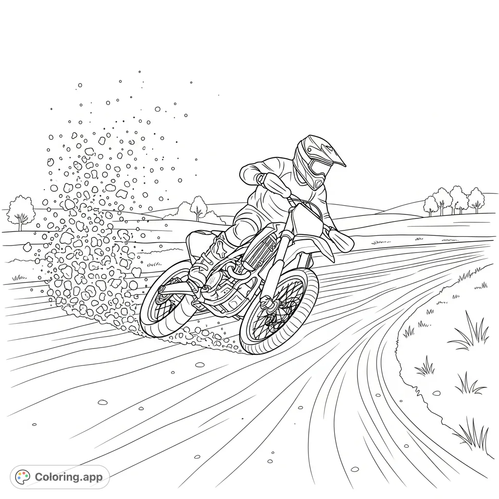 Experience the thrill of motocross with this coloring page, featuring a dirt bike rider intensely leaning into a berm as a dynamic spray of dirt arcs outward.