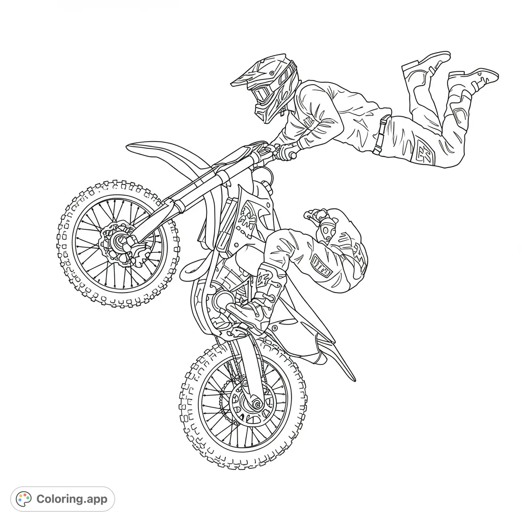 Dynamic motocross rider performing an epic aerial stunt on a dirt bike. A thrilling free printable motocross coloring page for all ages.