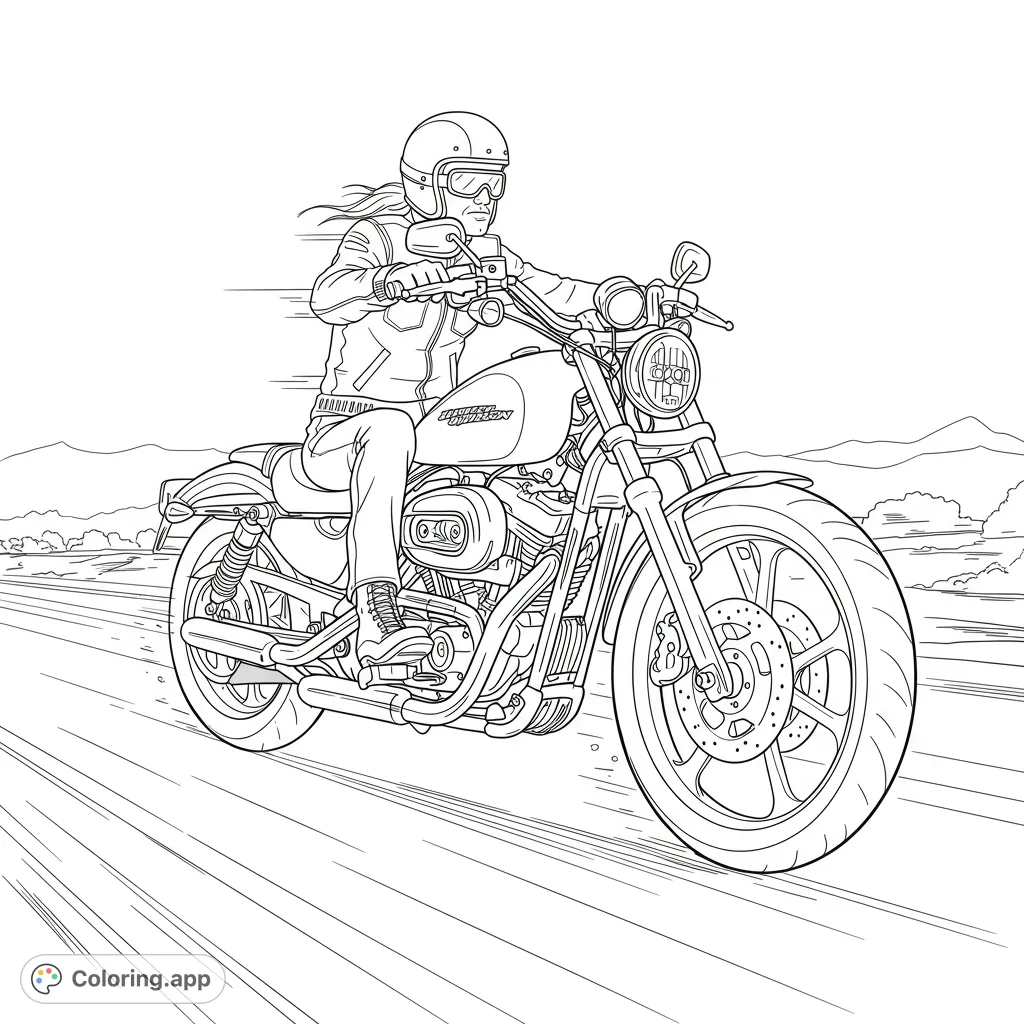 Dynamic motorcycle coloring page featuring a rider on a classic bike, speeding down an open road with mountains in the distance. Perfect for all ages!