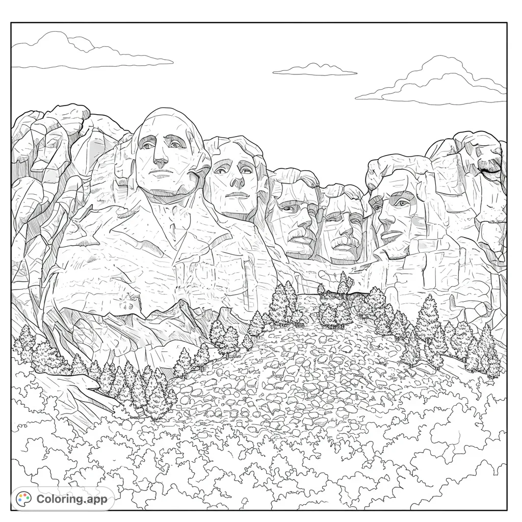 Color this iconic Mount Rushmore coloring page featuring four presidential busts carved into a majestic mountain, surrounded by detailed trees and rocks.
