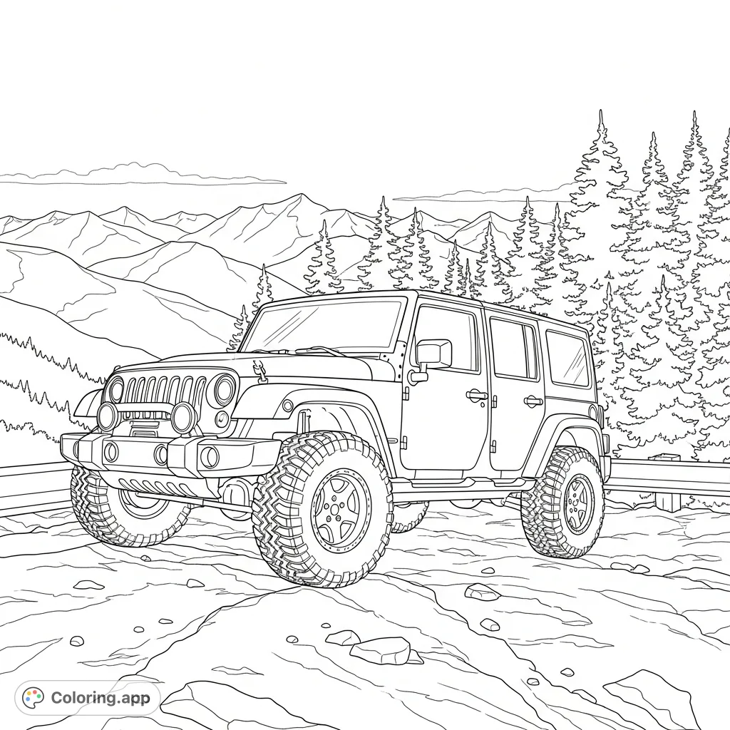 An adventurous 4x4 vehicle is parked at a scenic mountain overlook, surrounded by towering pine trees and distant peaks. A rugged outdoor scene.