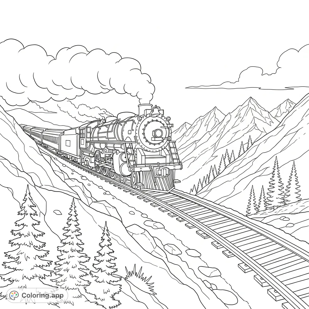 A majestic steam train powers its way up a challenging mountain grade, surrounded by towering peaks and dense pine forests. A classic scene of engineering might.