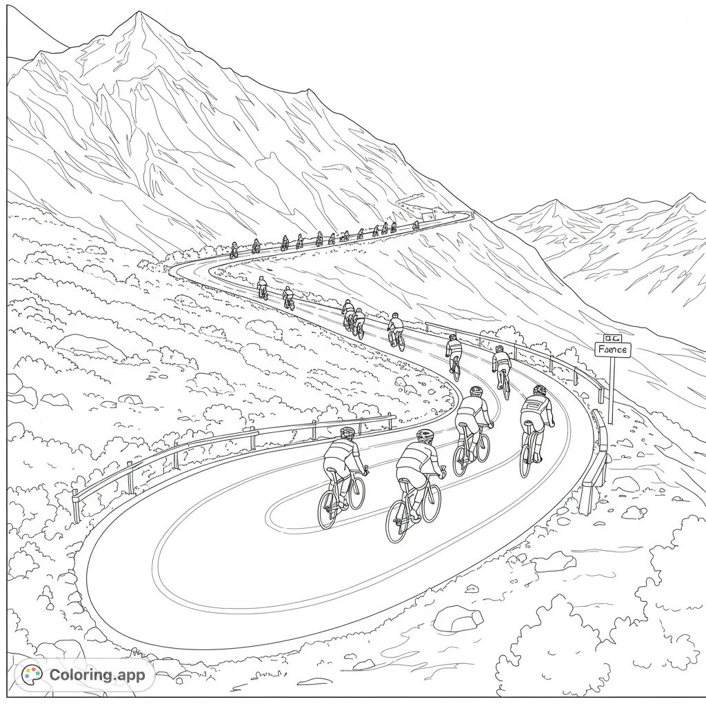 Dynamic mountain cycling race scene with cyclists ascending winding roads amidst jagged peaks. Perfect for sports enthusiasts and nature lovers.