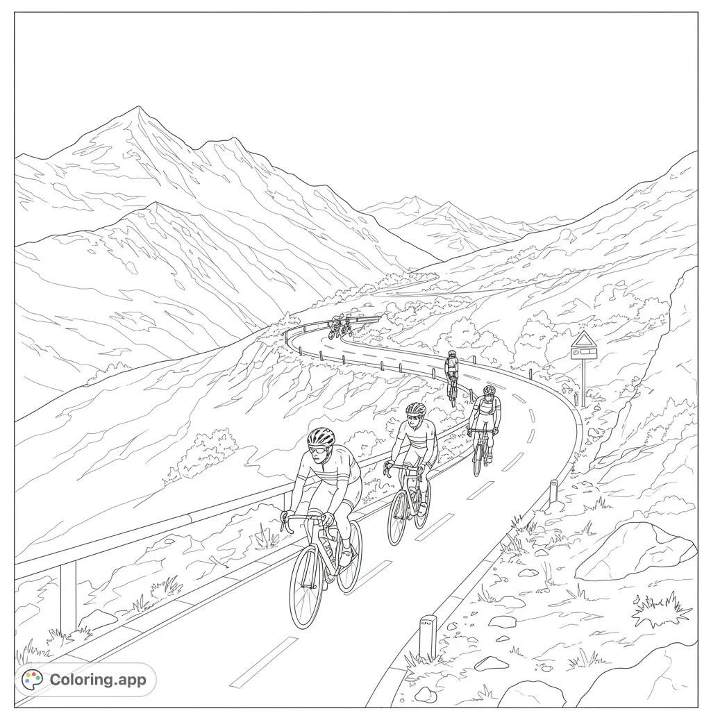 Cyclists ascend a winding mountain road, surrounded by majestic peaks. A dynamic sports scene, perfect for a free printable coloring page.