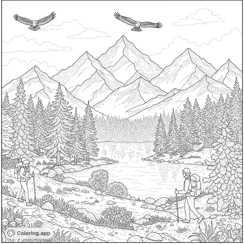 Embark on a mountain hiking adventure! This free printable coloring page features hikers, majestic peaks, a serene lake, and soaring eagles, perfect for nature lovers.