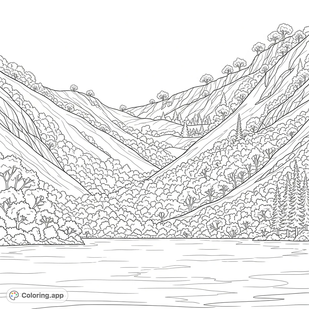 Explore a tranquil mountain lake scene. Steep hillsides rise, densely forested at the base, gradually revealing rugged peaks and sparse trees at higher altitudes.