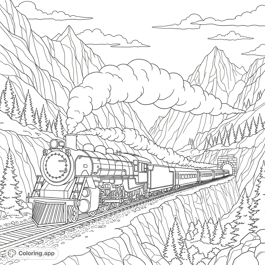 A detailed coloring page featuring a powerful steam train, complete with smoke and carriages, navigating a winding track through a majestic mountain pass.