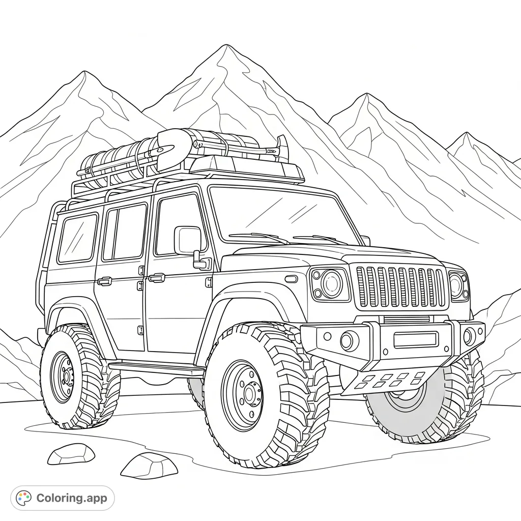 Color a detailed mountain rescue vehicle with snow tires and a roof rack, set against a backdrop of simply drawn, majestic mountains, perfect for adventure lovers!