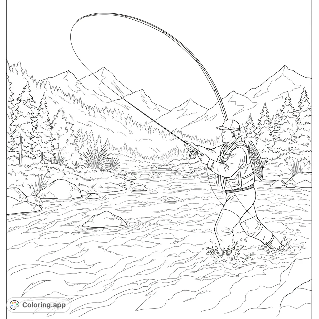 Experience the thrill of mountain river fly fishing! A detailed black and white line drawing of an angler casting in a scenic wilderness, perfect for all ages.