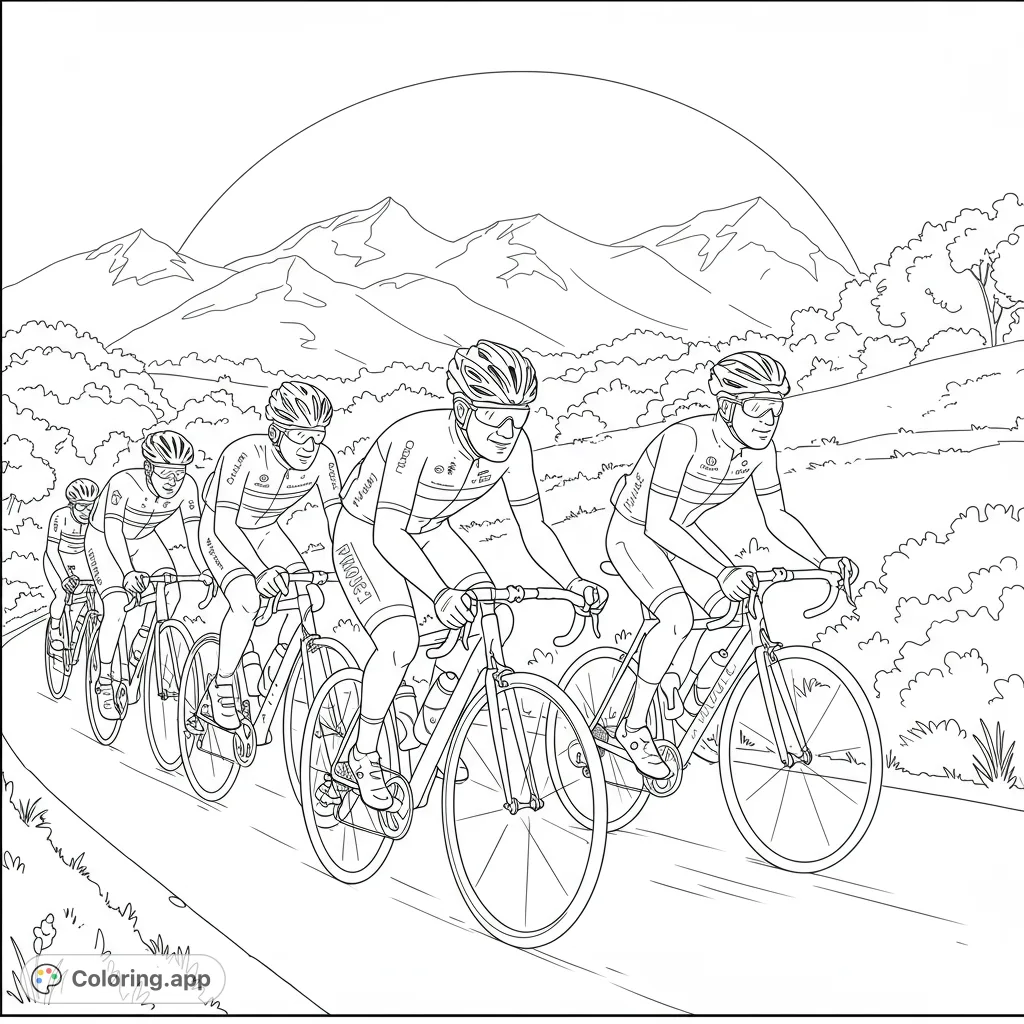 Dynamic cycling race scene with five determined cyclists on a winding mountain road, perfect for a challenging sports coloring page.
