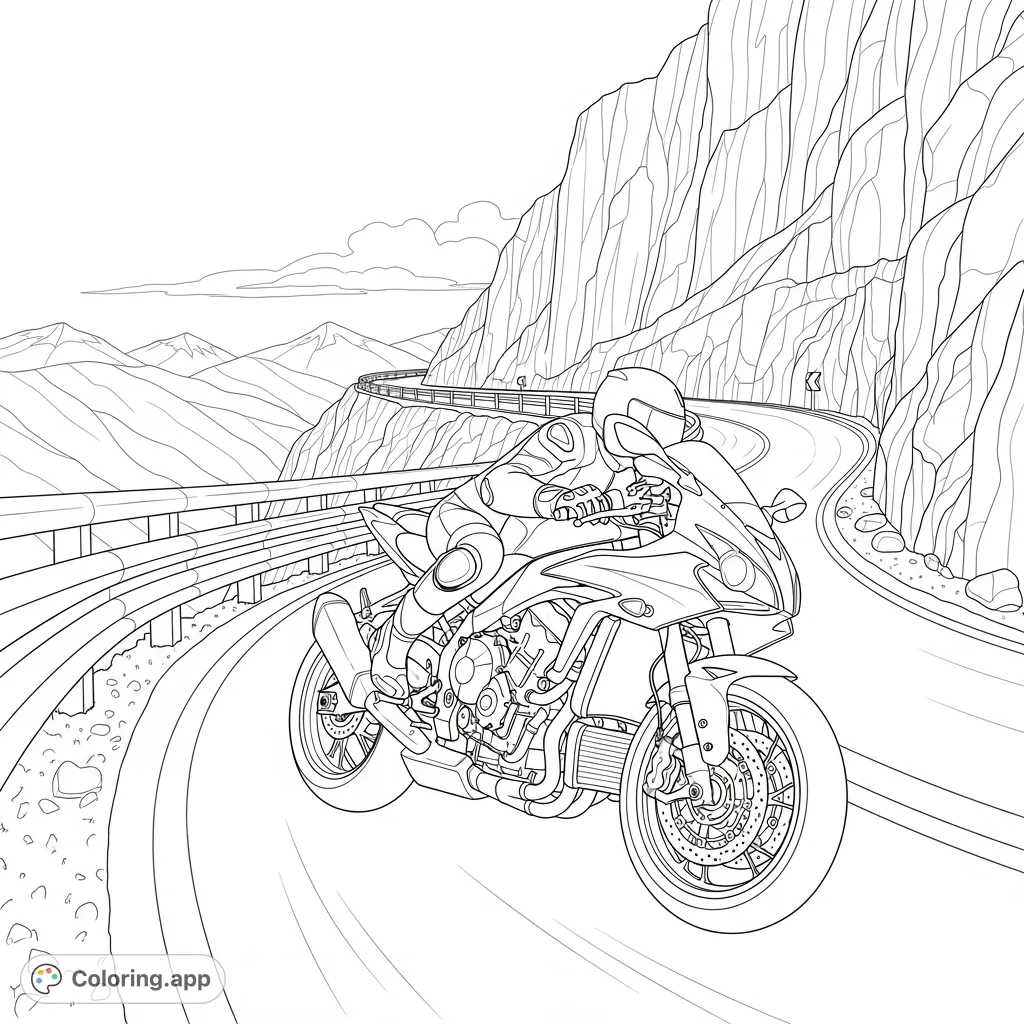 A thrilling sport motorcycle scales a winding mountain road, bordered by sturdy guard rails and majestic cliffs, inviting a high-speed adventure.