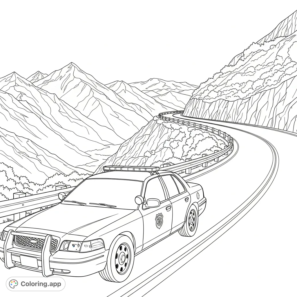 A detailed coloring page featuring a police cruiser parked on a winding mountain road, set against a backdrop of majestic peaks and distant valleys.