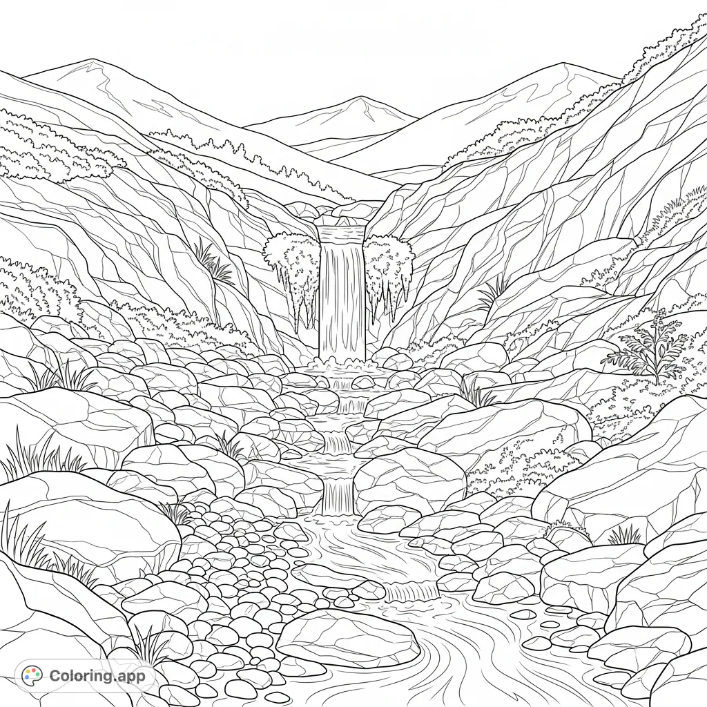 Capture the tranquil beauty of a mountain spring emerging from rugged rocks, with water flowing over stones and lush foliage. A peaceful nature scene.