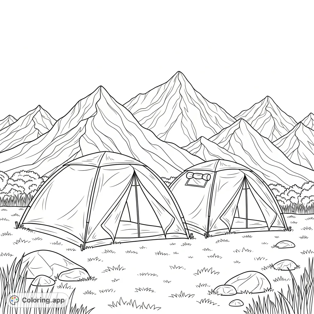 A serene outdoor scene featuring two tents nestled in a grassy clearing with majestic mountains rising in the background. Perfect for nature lovers.