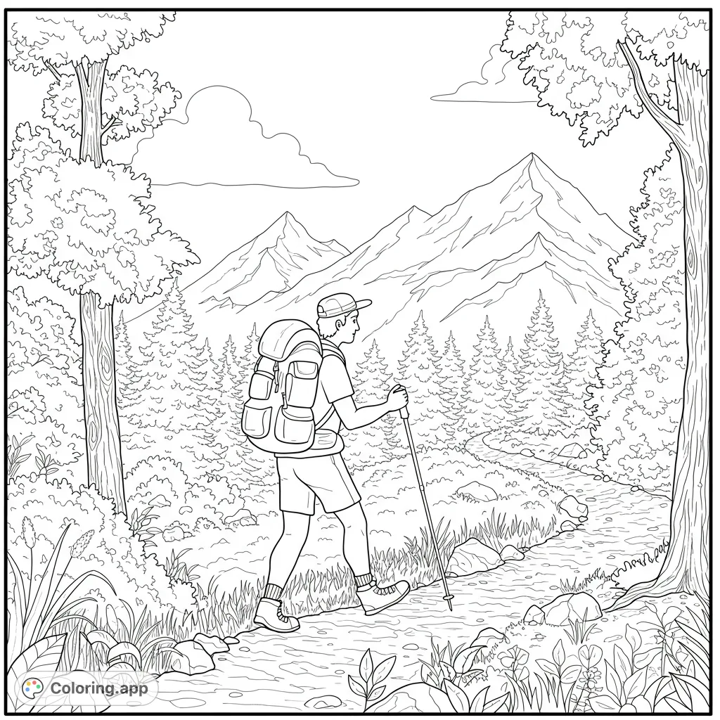 Explore nature with a hiker on a mountain trail, surrounded by trees and peaks. A free printable outdoor adventure coloring page for all ages.