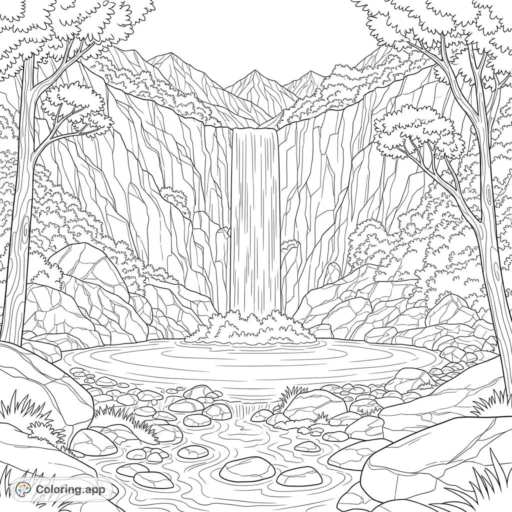 Immerse yourself in a serene mountain valley, where a powerful waterfall spills into a wide plunge pool, feeding a rocky stream. A true nature escape.