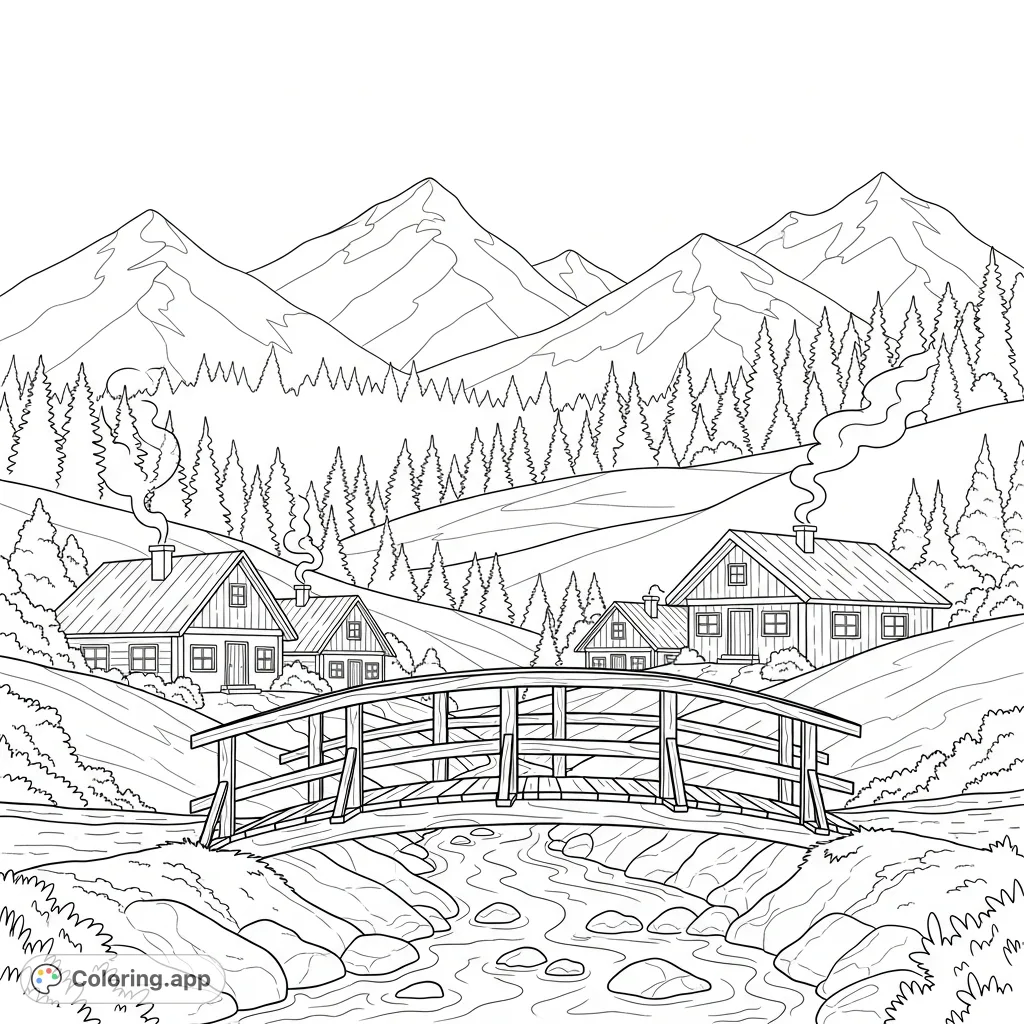 Explore a tranquil mountain village with a rustic bridge spanning a stream. Cozy cottages and majestic pine-lined mountains offer a serene escape.