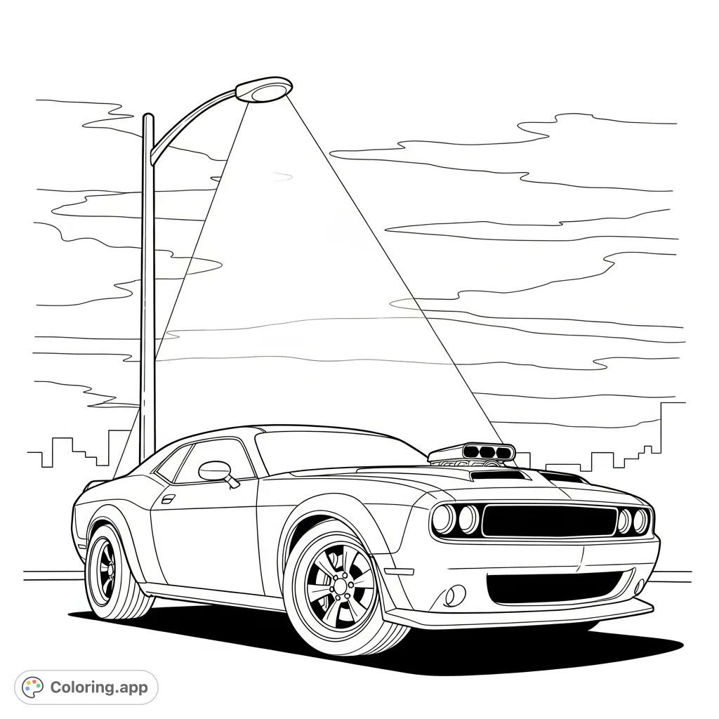 A powerful muscle car captured in a dramatic night silhouette under a streetlight. Emphasizes bold lines and an urban, mysterious atmosphere.