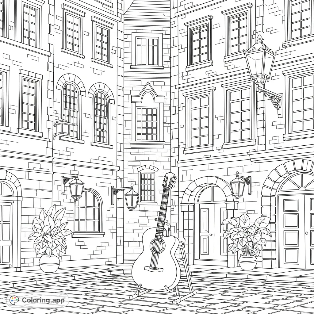 Discover a charming street musician's corner. Features a classical guitar, historic stone buildings, and glowing lanterns. Perfect for all ages!