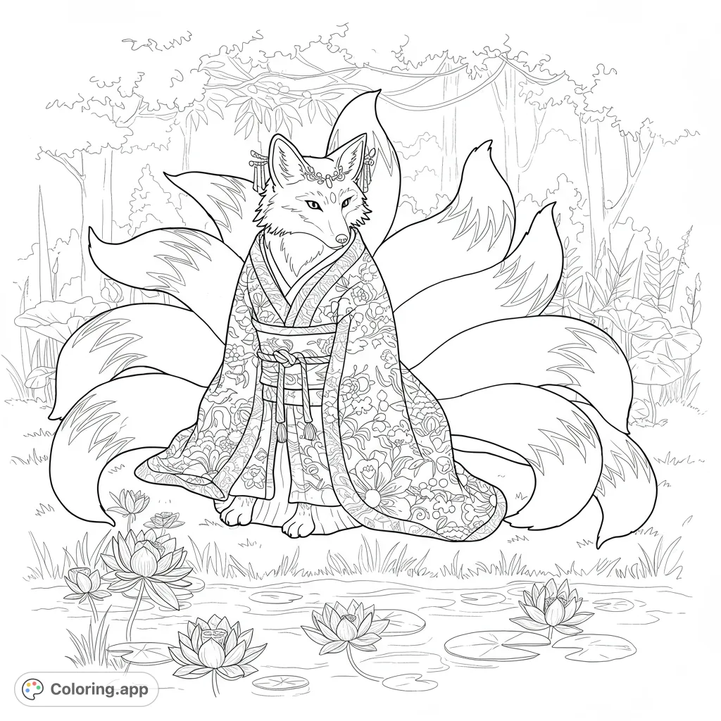 A majestic nine-tailed Kitsune in an ornate kimono, surrounded by water lilies and a lush forest. Perfect for fantasy and nature lovers.