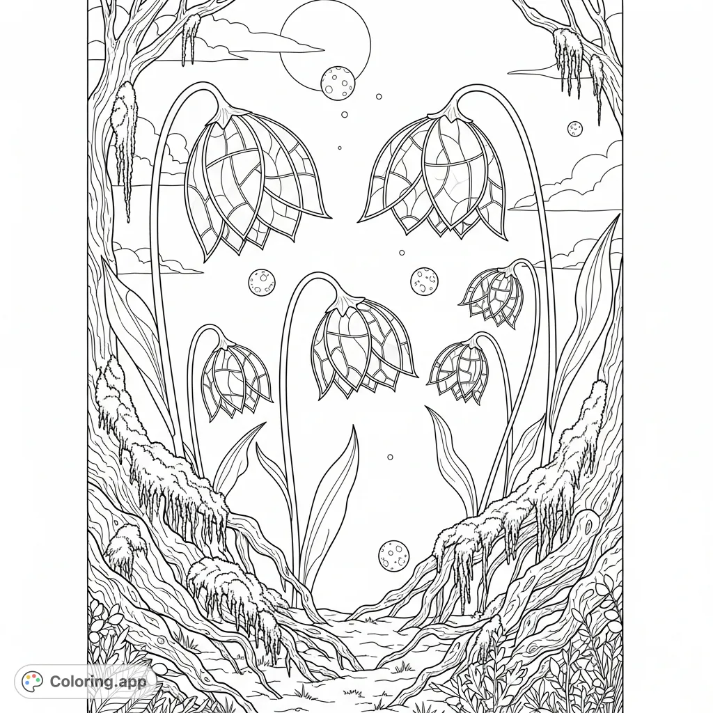 Explore a mystical moonlit garden with ethereal flowers, intricate windowpane petals, twisted ancient roots, and drifting magical spheres under a grand moon. A tranquil escape.