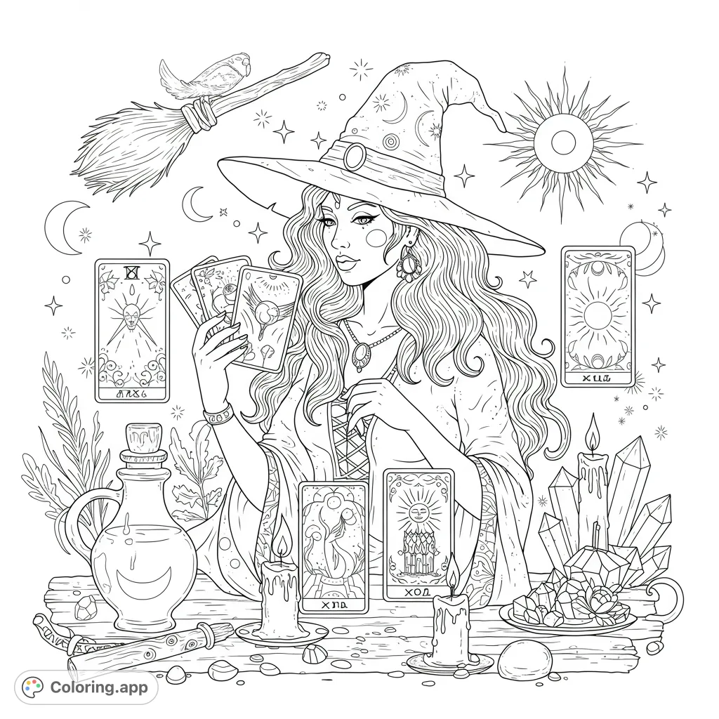 A captivating witch reads tarot cards amidst magical items and celestial symbols. Perfect for fantasy and mystical art enthusiasts. Free printable witch coloring page.