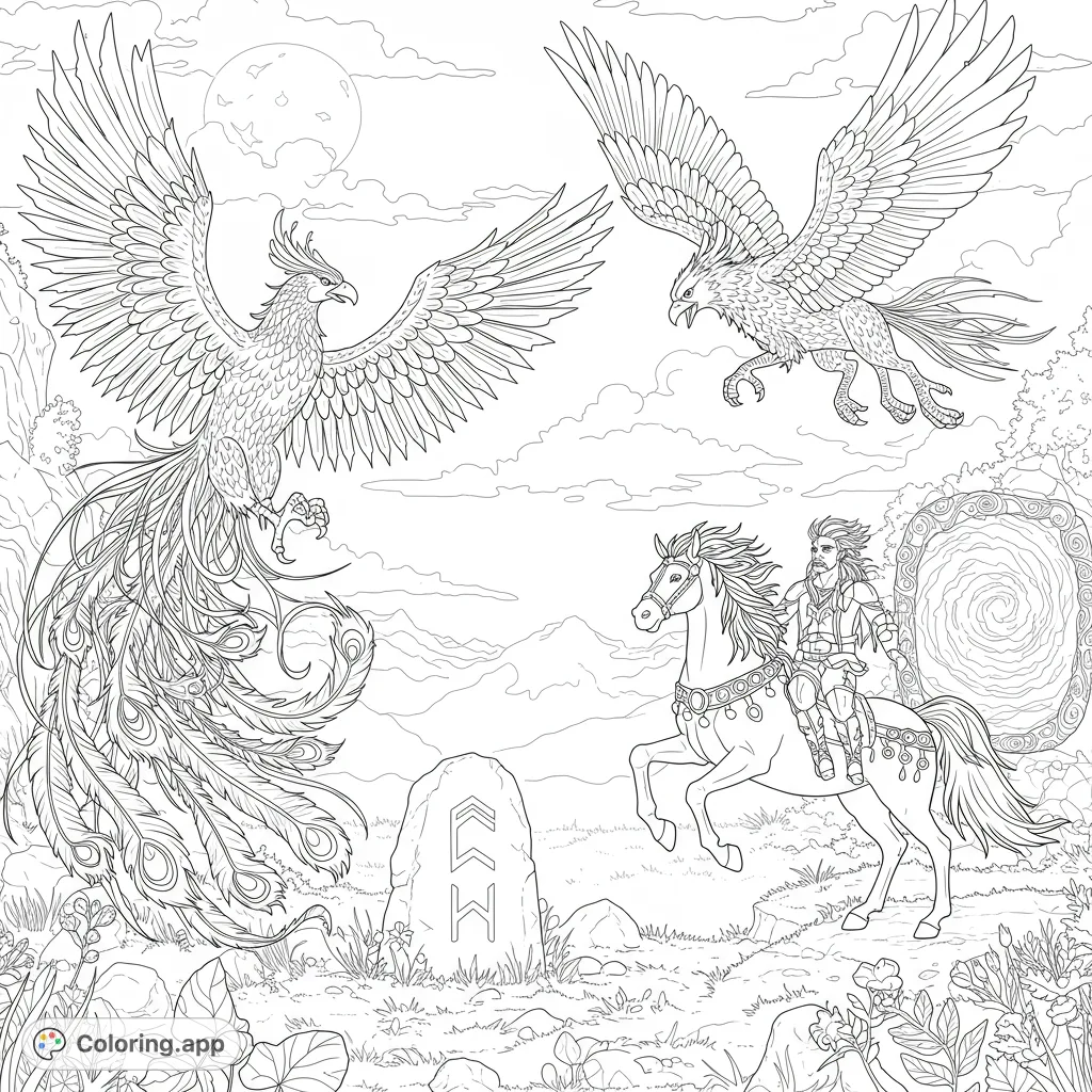 An epic fantasy scene featuring a majestic phoenix, a powerful griffin in flight, and a brave warrior on horseback, set against a mystical mountain landscape.