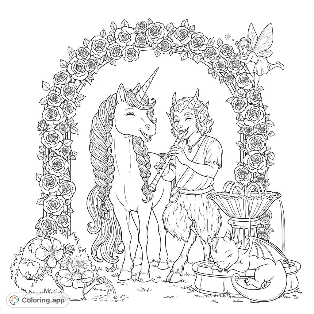 Enter a magical secret garden! A unicorn, satyr, pixie, and baby dragon gather among roses and a seashell fountain. A whimsical fantasy scene awaits your colors.