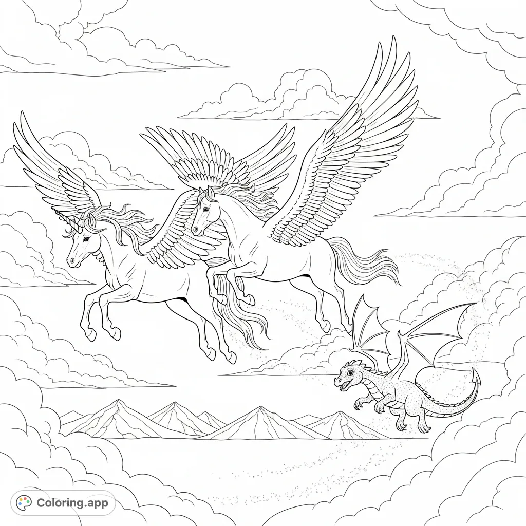 A majestic unicorn, graceful pegasus, and mischievous dragon hatchling soar through a sky of wispy clouds above distant mountains, inviting imaginative coloring.