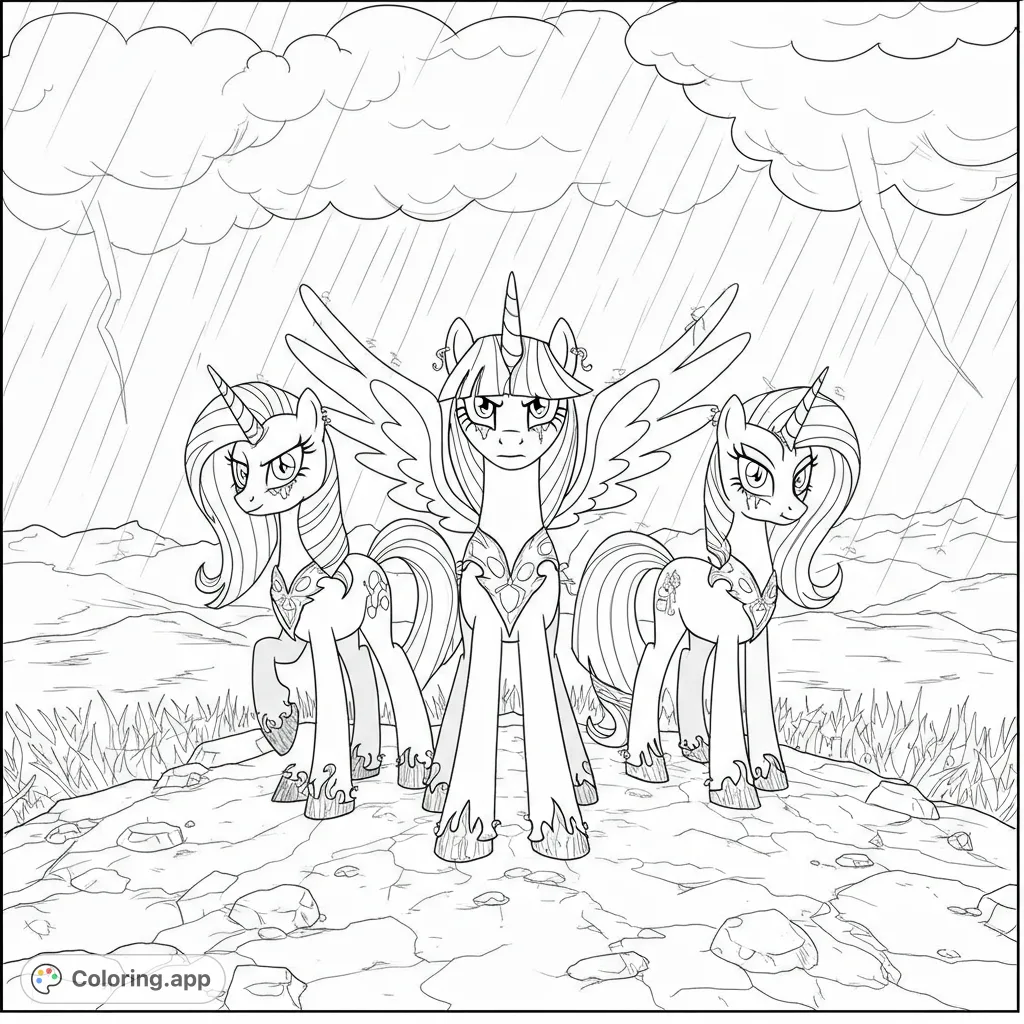 Three powerful mythical equines stand defiantly under a stormy sky with lightning and rain. Intricate armor and determined expressions await your colors.