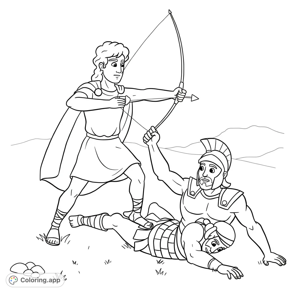 Dynamic mythological battle scene featuring a heroic archer, a kneeling warrior, and a fallen foe. Perfect for ancient history and fantasy fans.