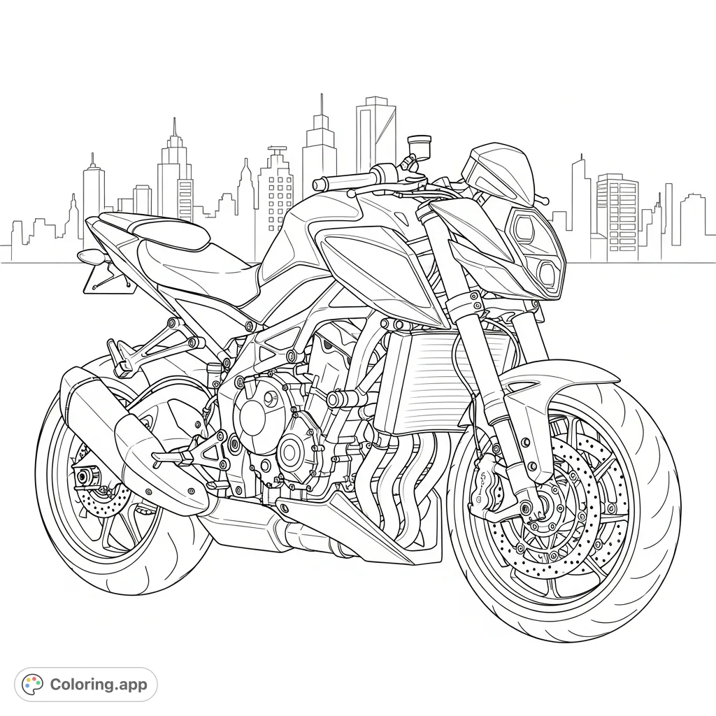 An intricate coloring page featuring a powerful naked sport motorcycle with exposed mechanical details against a simplified, distant city skyline. Perfect for motorcycle enthusiasts.