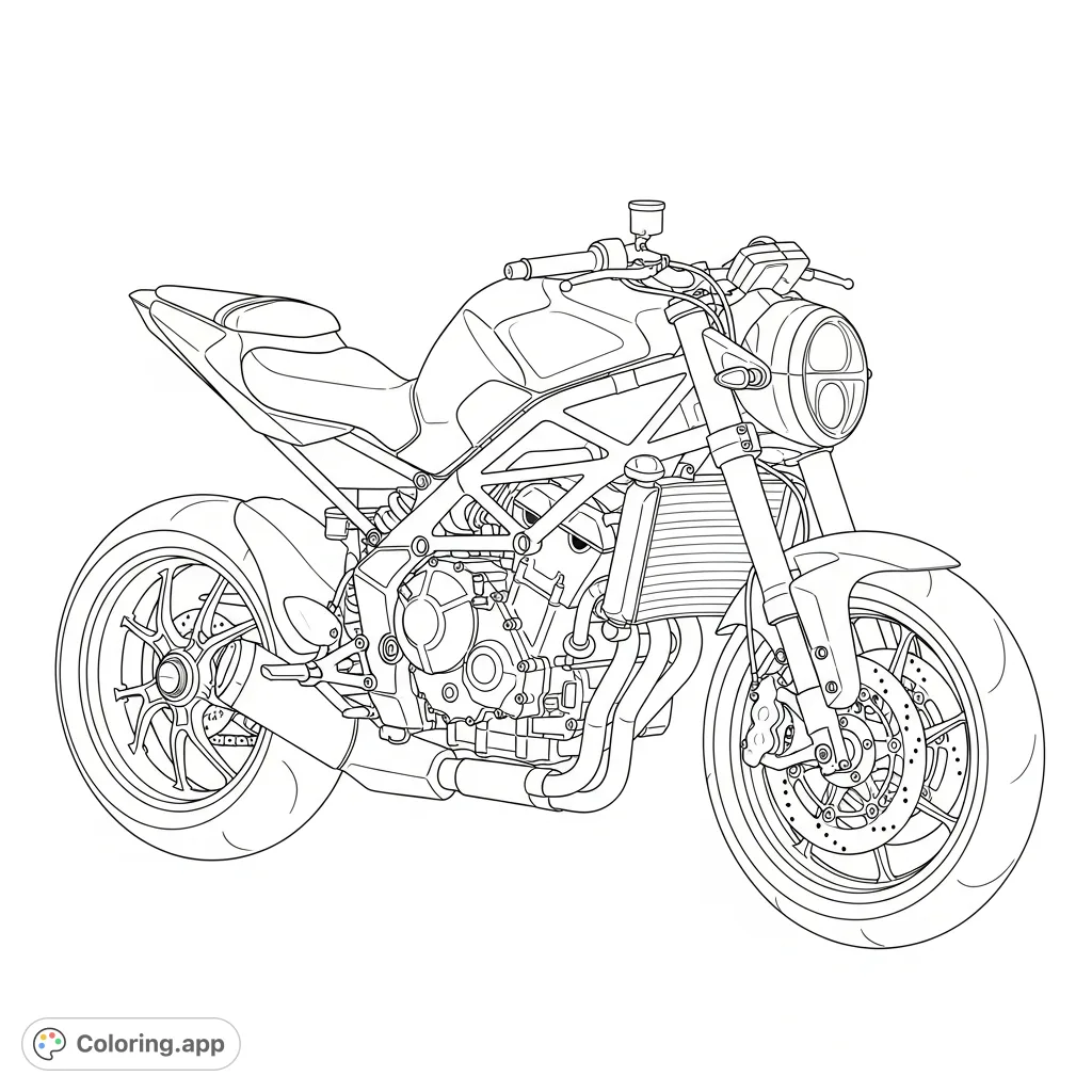 A detailed coloring page featuring a lightweight naked sport motorcycle with a prominent trellis-style frame, simplified for an enjoyable coloring experience.