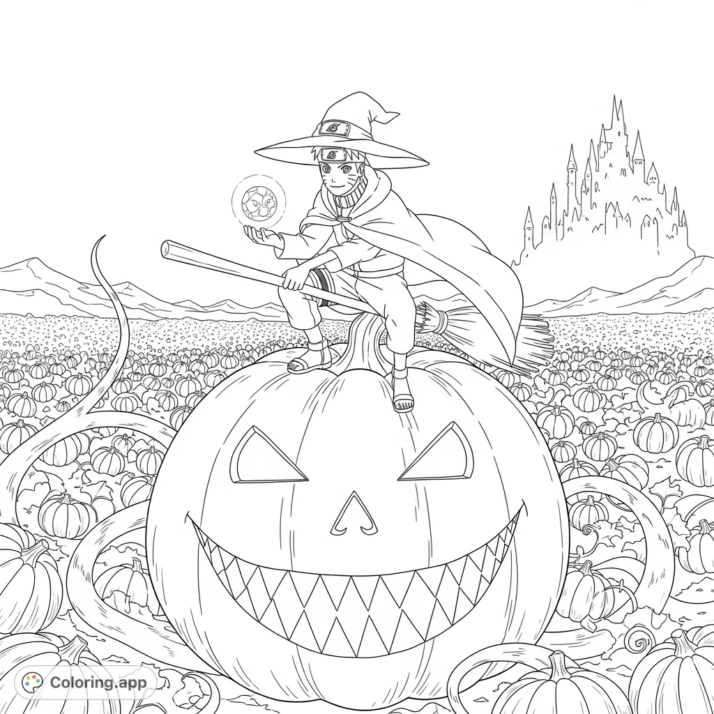 Join Naruto in his unique ninja-witch costume, perched on a giant smiling pumpkin amidst a vast patch with a spooky castle backdrop. A fun, detailed Halloween scene!