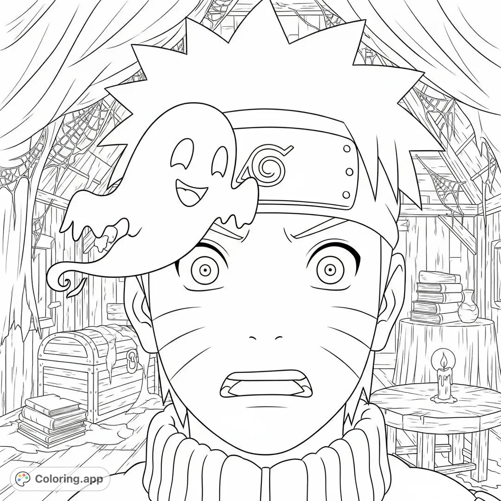 Join Naruto Uzumaki in a surprising attic encounter with a friendly, whimsical ghost. A detailed Naruto coloring page for fans of all ages.