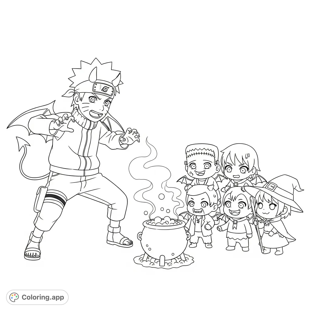 Join Naruto in his devil costume as he playfully tries to scare a group of adorable chibi monsters, including Frankenstein and a witch, around a bubbling cauldron.