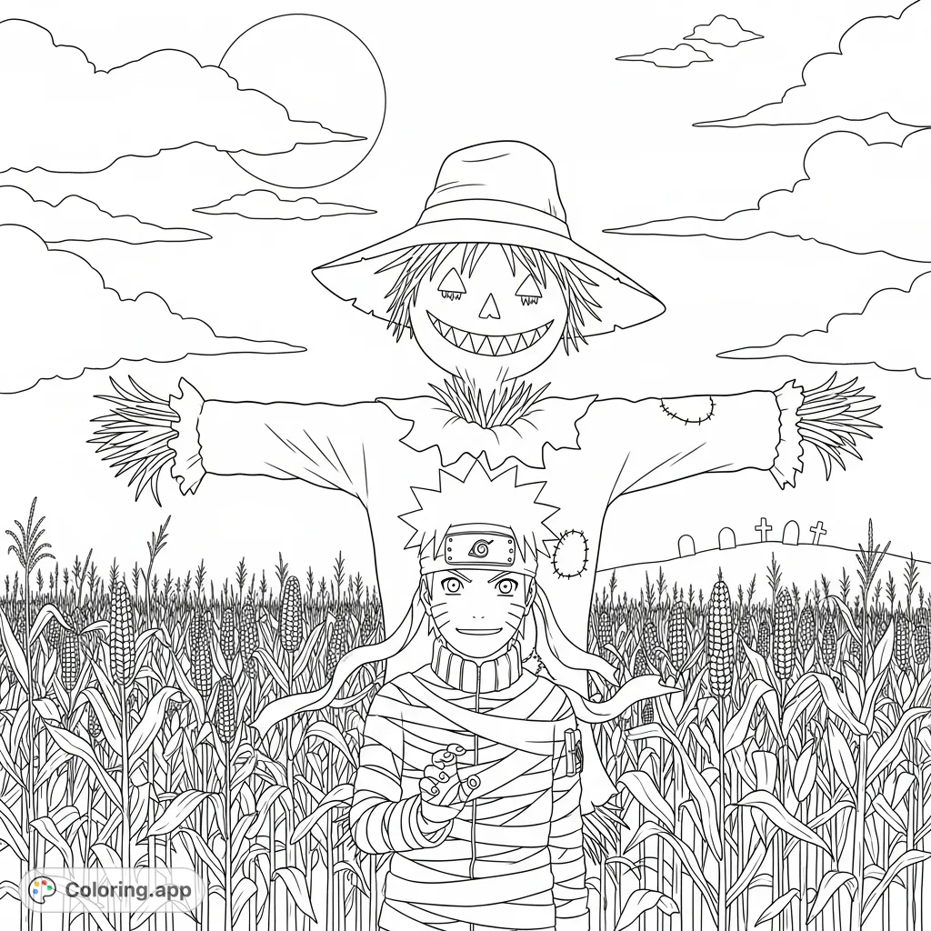 Join Naruto in a playful mummy disguise, peeking from behind a grinning scarecrow in a moonlit cornfield. A fun, spooky scene for all Naruto fans!