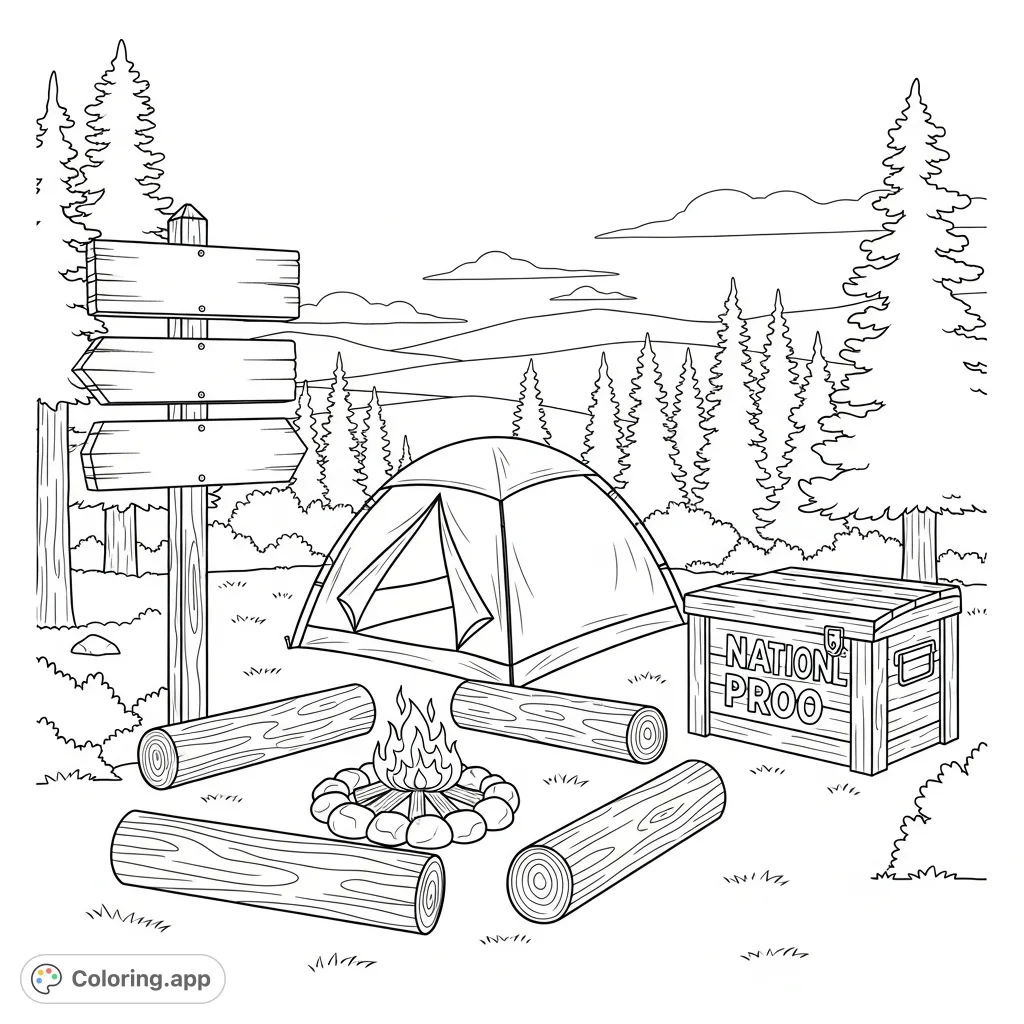 A detailed coloring page depicting a national-park style campsite with a tent, campfire, wooden signpost, and bear-proof storage box amid nature.