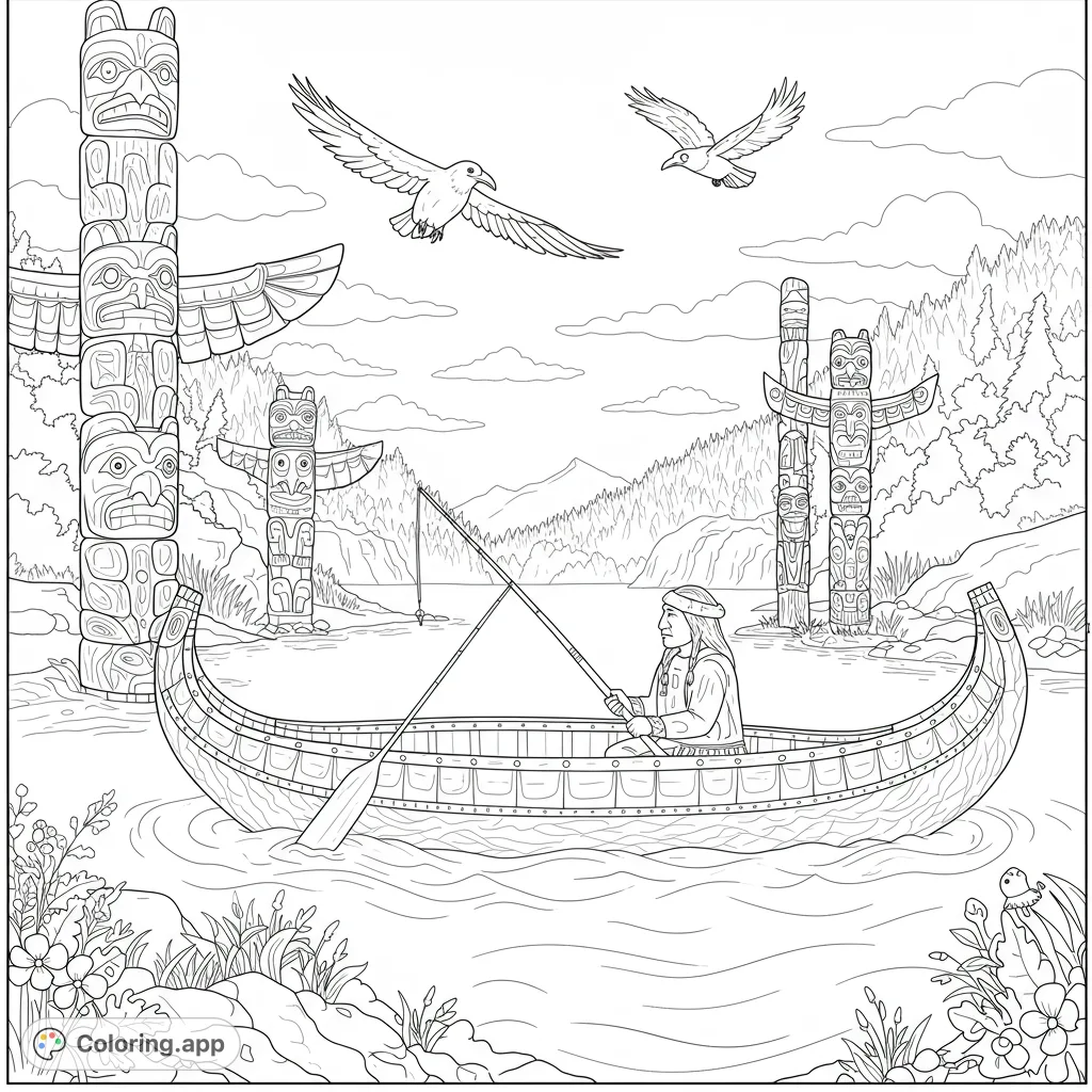 Explore a Native American cultural scene featuring a person fishing from a canoe, surrounded by majestic totem poles, serene waters, and a mountain landscape.
