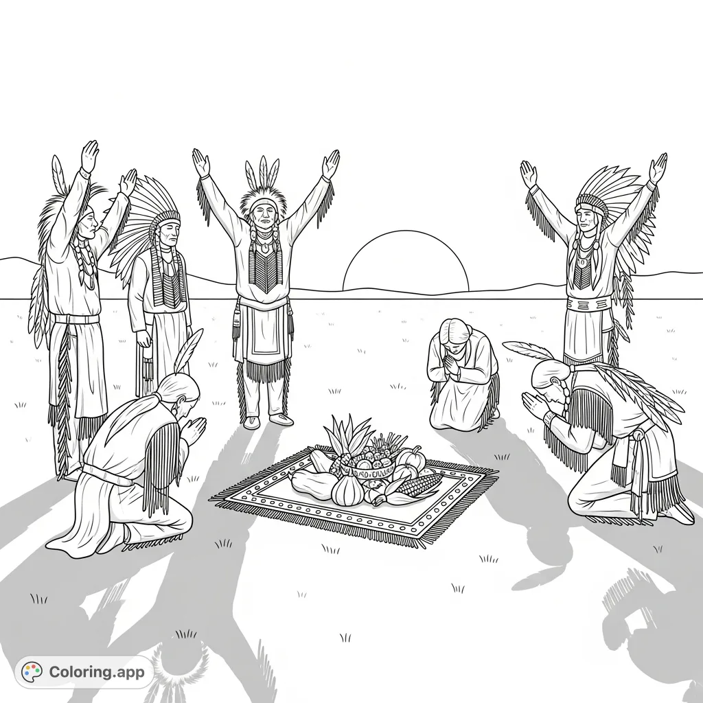 A solemn Native American gratitude ceremony with individuals in ceremonial attire, offering corn and squash under a setting sun. A cultural and reverent scene.